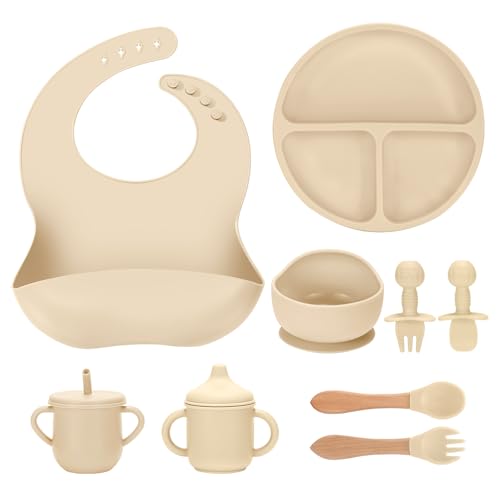 JELLDJK Silicone Baby Feeding Set 9 Pcs, Spill-Proof Suction Plate, Bowl, Bib, Silicone spoon&forks, Wooden Spoons&forks, Training cup with straw and Sippy Cup, Baby Eating Utensils (Beige)