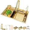 Waterfall Kitchen Sink Single bowl kitchen sinks Gold stainless steel bar sink with Pull-Faucet,Nano home sink undermount of Countertop installation with Full set of Accessories 29.5"x17.7"x9", Gold