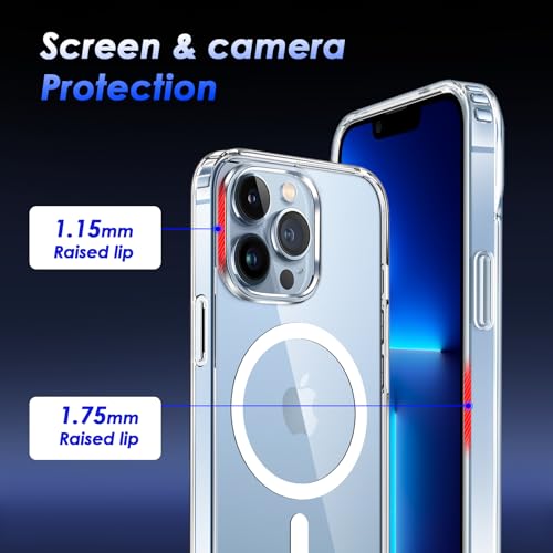 COPIKE Funda Magnética para iPhone 13 Pro con 2 Cristal Templado y 2 Protector Cámara, Compatible con MagSafe, Carcasa Antigolpes Anti-Amarillo Tapa Trasera Resistente Arañazos, Transparent