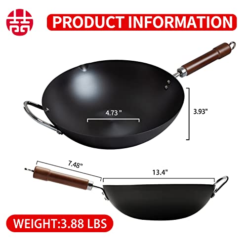 Wangyuanji Carbon Steel Wok Pan, 13.4" Woks & Stir-Fry Pans With Glass Lid No Chemical Coated Flat Bottom Iron Wok For Induction, Electric, Gas, Halogen All Stoves-Practical Gift #TOP3