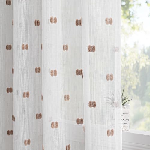 Image of MYSKY HOME Taupe Patched Design Sheer Curtains for Bedroom 84 Inch 2 Pieces | White Curtains Sheer Curtain, for Living Room Nursery Dining Room, Rod Pocket, Privacy Window Drapes, 50 x 84 inch