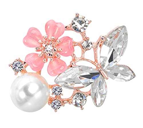 Gyn&Joy Womens Faux Pearl Pink Flower Butterfly Crystal Brooch Pin