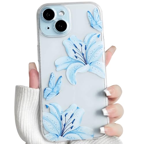 NITITOP Compatible with iPhone 15 Case Clear Cute Butterfly Lily Flower Floral Pattern for Women Girls Full Camera Lens Clear Slim Shockproof Protective Phone Cover - Blue