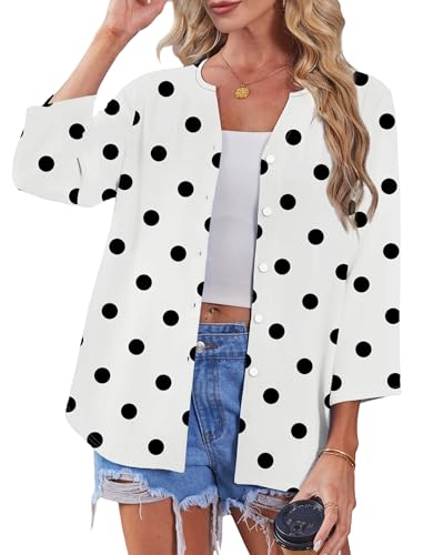 Image of OFEEFAN Button Down Shirts for Women 3 /4 Length Sleeve Tops V Neck Blouses Business Casual Outfits Loose Fit