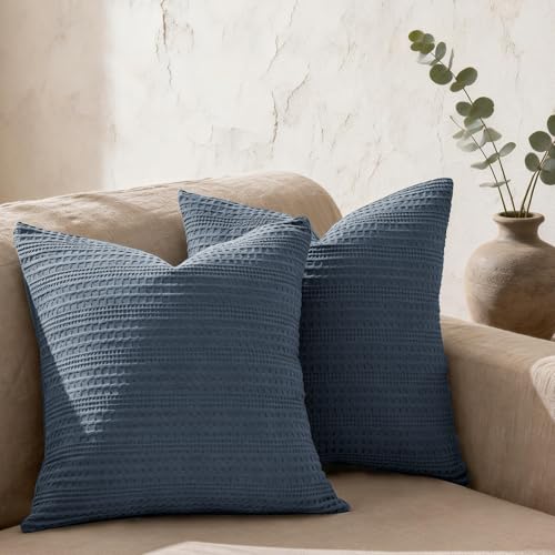 Image of 18x18 Throw Pillow Covers Set of 2 Boho Decorative Pillow Shams Stone Washed Cotton Pillowcase Waffle Square for Couch Sofa Chair Bed Car, Blue Grey