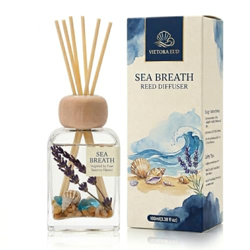 Sea Salt Reed Diffuser for Bathroom & Bedroom - 3.38 Fl Oz, Ocean Breeze Home Fragrance for Women, Coastal Beach Decor with Seashells, Spa Aromatherapy, Non-Toxic Long Lasting & Gift Ready
