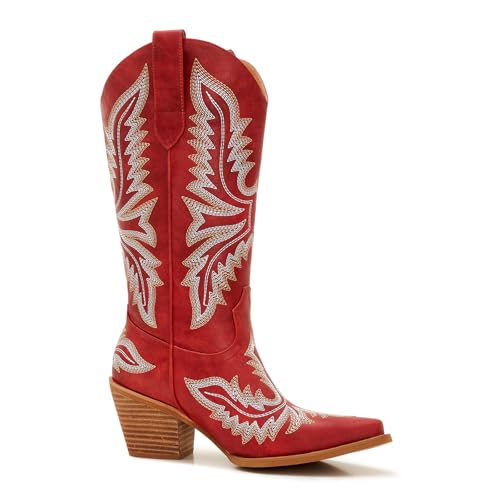 Image of Cowboy Boots for Women - Embroidered Western Cowgirl Boots with Fashion Snip Toe, 1.75-Inch Low Block Heel and All-Day Comfort Fit