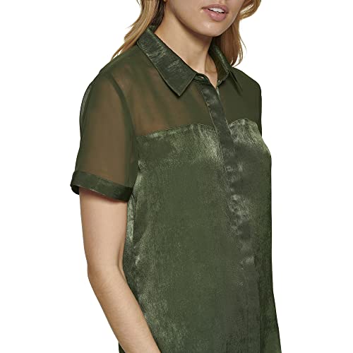 Dkny Women's Satin Easy Sheer Sleeve Top, Cadeet Green, X-Large #TOP4
