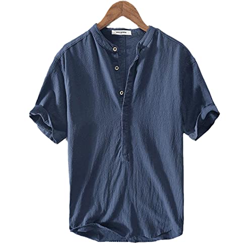 YUEHAPPY 2022 New Mens Provence Linen Cotton Shirt, Men's Summer Casual Lightweight Linen Shirt, Casual Beach T-Shirts for Men (L,Navy Blue) Cover