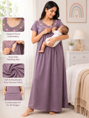 Image of Noty Women's Maternity - Feeding - Nighty | Full Sleeves | Floral Print Maxi | Embroidery Work On Neck with Zip Closure