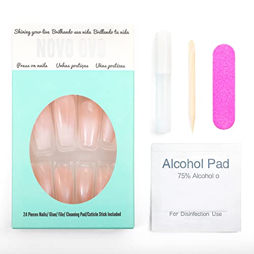 Novo Ovo Long Coffin Ombre Nude Gradient White Pink French Tip Extra Thick Fake False Press On Nails Milk Cap Stick On Ballerina Kit With Glue For Christmas Mother‘s Valentine's Day Spring #TOP5