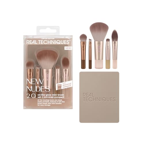 Real Techniques New Nudes On The Glow Mini Brush Kit, 6 Piece Set With Compact Mirror, Travel Makeup Brush Set for Contour, Concealer, Blush & Eyeshadow, Cruelty-Free