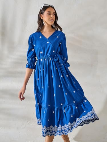 Image of Styli Women Blue V-Neck Wrap Contrast Embroidered Midi Dress | Three-Quarter Sleeves, Flattering Wrap Style, Soft Cotton |Perfect Dress for Casual & Evening Events