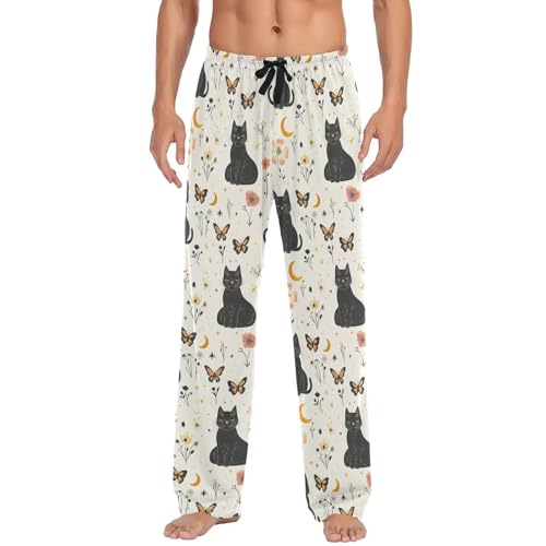 Mens Pajama Pants Black Cats Flowers Moon Butterflies Soft Lounge Sleep Pj Bottoms with Drawstring Pockets2