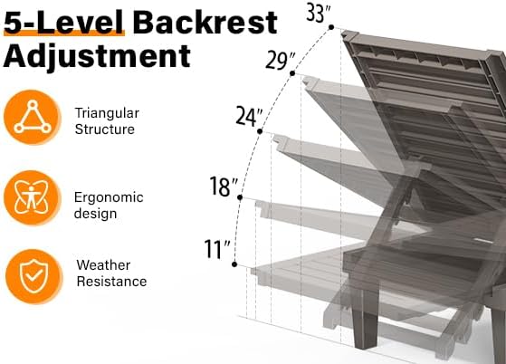 Miniatura 6 de VINGLI Juego de 2 Sillas Tumbonas para Exteriores, Sillas de Descanso Exterior Impermeables con Respaldo Ajustable de 5 Niveles, Tumbonas de Patio