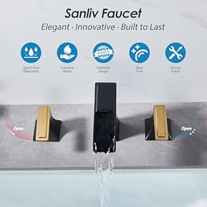   Widespread-Bathroom-Faucet-3-Hole-Black-and-Gold-Waterfall-Bathroom-Sink-Faucet-4-16-Inch-Two-Handle-Bathroom-Vanity-Faucets-with-Pop-Up-Drain-and-Supply-Lines