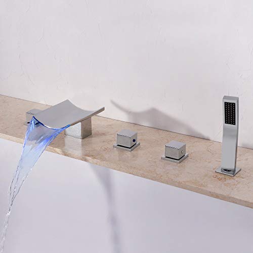 Wsw Moderna De Cobre Caliente Y Fría De Control De Split 5 Agujero Grifo De Baño Del Cromo De Lavabo Grifo De La Bañera De La Temperatura De Color Iluminación Tire Conjunto De Ducha De Mano Schön prak