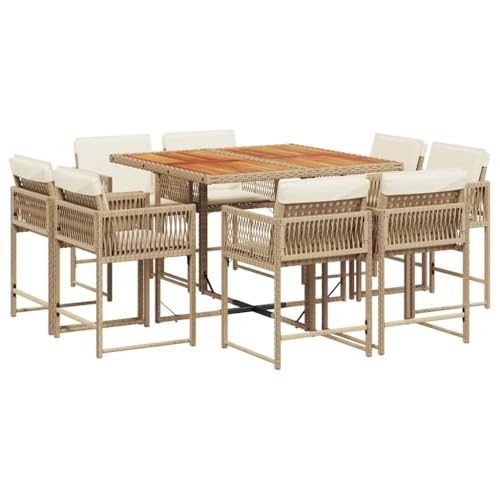 vidaXL Garten Essgruppe 9-TLG., Gartenmöbel Set Tisch mit 8 Stühle, Gartengarnitur mit Kissen, Sitzgruppe Essgarnitur Terrasse, Beige Poly Rattan