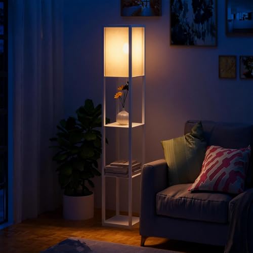 HOMCOM Lampada a Terra 40W con 3 Mensole Integrate e Interruttore a Pedale, Lampada Moderna in MDF e PS, 26x26x160 cm, Bianco