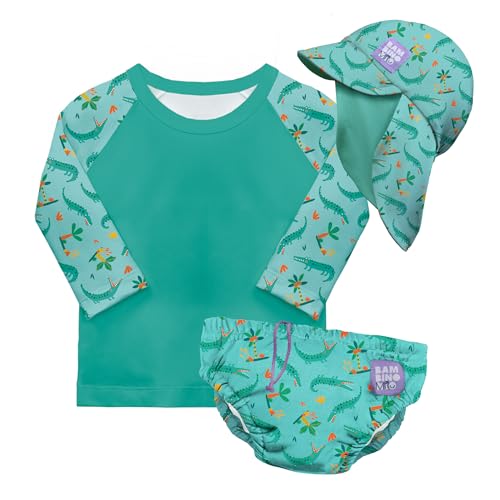 Bambino Mio Conjunto de pañales de natación reutilizables para bebé y niño pequeño unisex (6-12 meses) COCODRILO ASTUTO, protección UPF 40+ | pañales de baño, camiseta y gorro de baño