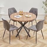HJhomeheart Esstisch und Stuhlset, 100 cm Runder Esstisch und 4 Moderne Leinenstühle, für Esszimmer, Küche, Wohnzimmer (Dunkel+ Dunkelgrau)