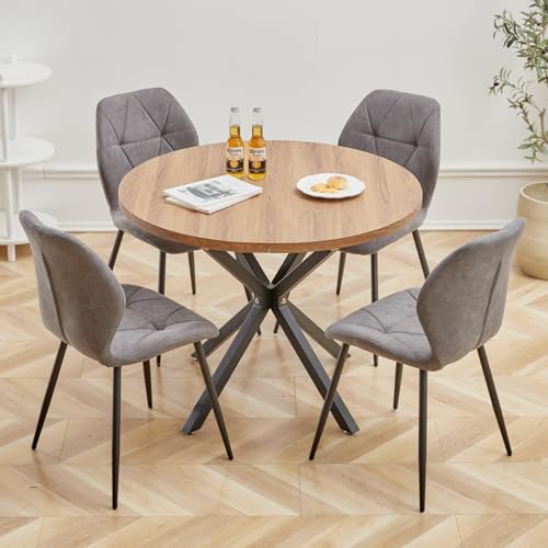 HJhomeheart Esstisch und Stuhlset, 100 cm Runder Esstisch und 4 Moderne Leinenstühle, für Esszimmer, Küche, Wohnzimmer (Dunkel+ Dunkelgrau)