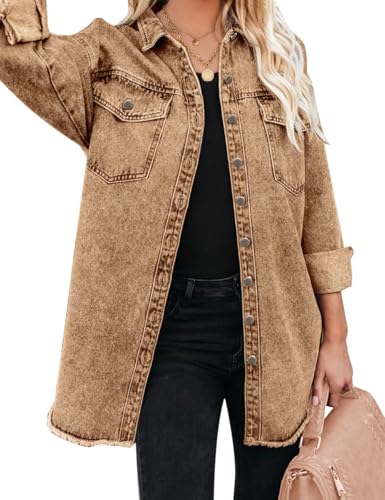 Vetinee Women's Oversized Boyfriend Denim Jean Jacket with Buttons and Raw Hem Pockets, Size 12-14