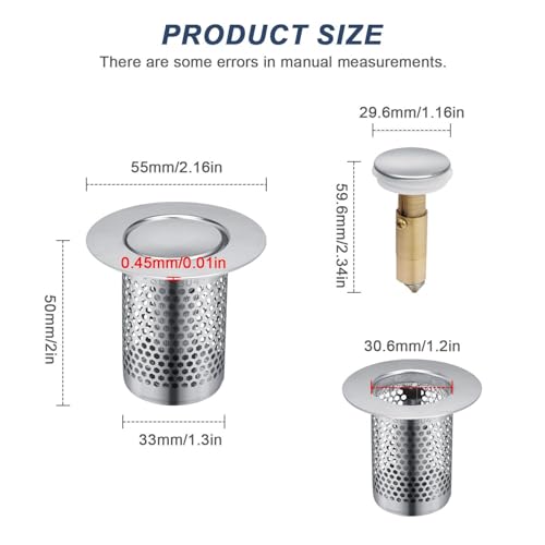 2 Stück 33 × 50mm Herausnehmbares Abflusssieb aus Edelstahl, Waschbecken sieb mit Push-Typ-Rückprallkern aus Messing, um haarsieb und Gerüche herauszufiltern, für Küchen, Bad und Balkon