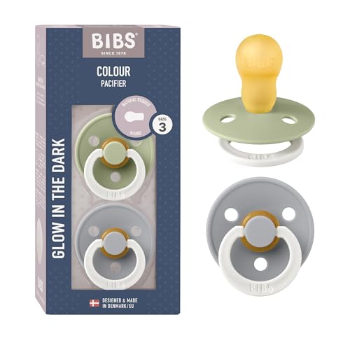 Image of BIBS Pacifiers Colour Collection | Natural Rubber Baby Pacifier | Set of 2 BPA-Free Soothers | Made in Denmark | 18+ Months (Pack of 2) | Sage Night /Cloud Night