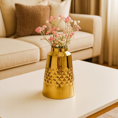 Image of Market99 Metal Flower Holder |Golden Vase with Diamond Pattern in Glossy Texture |Truncated Cone Shape Decorative Piece for Home, Office, Tabletop & Festive Gifting |Designed to Catch the Eye Always