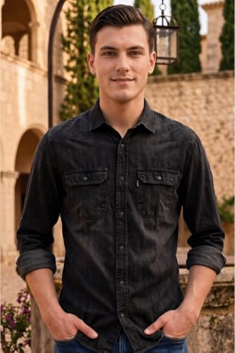 Image of Louis Philippe Men's Slim Fit Classic Denim Wash Stylized Fashion Full Sleeve Casual Shirt