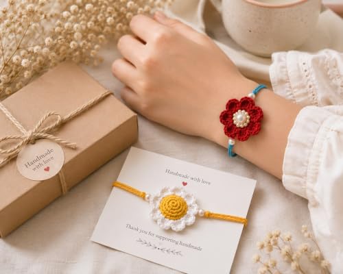 Image of Handmade Crochet Floral Rakhi Set | Cotton Thread Bracelet with Pearl Accent | Designer Raksha Bandhan Gift Combo (Pack of 2)
