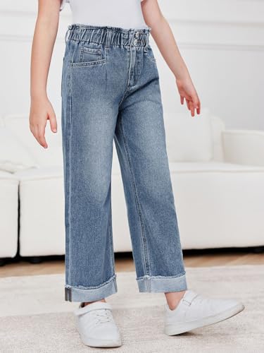 Haloumoning Girls Jeans Kids Elastic Waist Straight Leg Pull on Denim Pants with Pockets 4-14 Years3