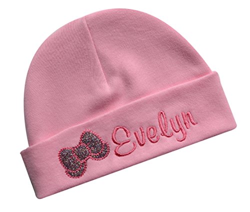 Personalized Embroidered Baby Girl Hat with Sparkling Glitter Bow with Custom Name (Pink)