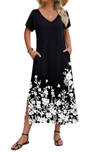 Image of Zeagoo Women Summer Floral Dress Short Sleeve Beach Dress with Pockets Casual V-Neck Split Long T-Shirt Dress Travel Vacation