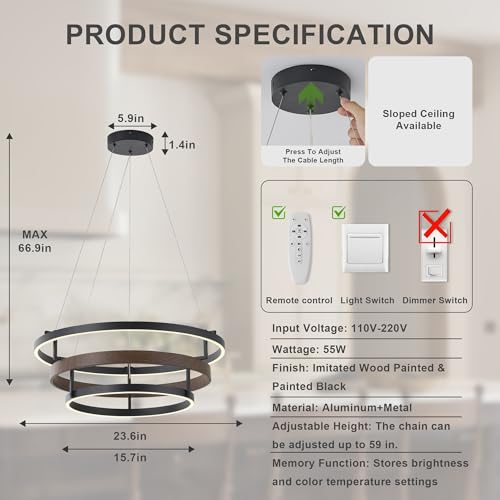 Image of KARTOOSH Modern LED Chandelier with Remote, Dimmable Ring Pendant Light Walnut Wood Black Circular Chandeliers for Dining Room Living Room Entryway Bedroom Office