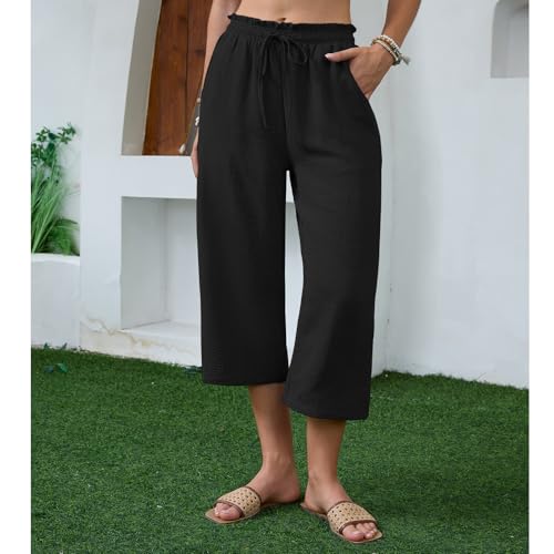 Women's Capri Pants Wide Leg High Waisted Casual Lounge Pant Loose Drawstring Beach Palazzo Trousers with Pockets2