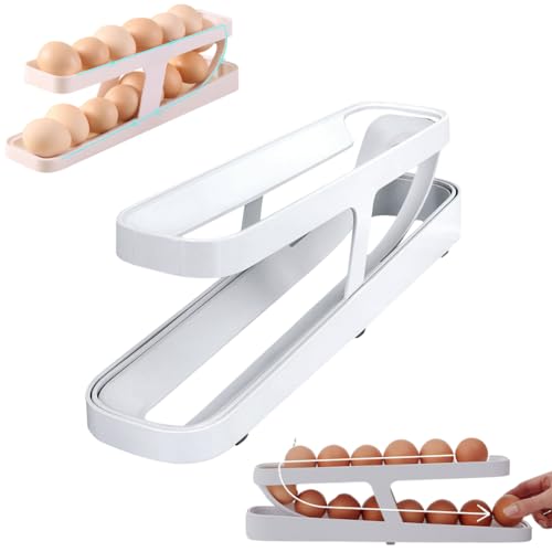 Kit C/2 Bandejas Organizadores de Ovos Suporte Dispensador de Geladeira Rolagem Automática Armazena