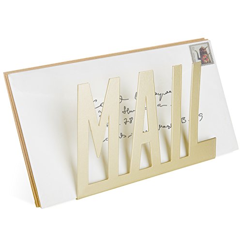 MyGift Mail Holder Organizer Countertop Modern Brass Metal with Cutout MAIL Lettering Design, Office Desktop Envelope and Document Storage Rack - Thumbnail 6