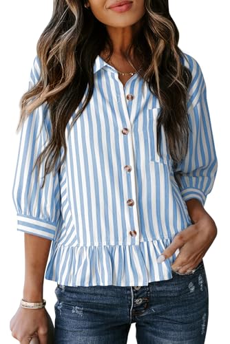 Dokotoo Summer Tops for Women 2026 Blouse Dressy Casual Babydoll 3/4 Length Sleeve Womens Tops Button Down Crop Ladies Tops and Blouses Cruise Fashion Clothing Sky Blue and White Striped Shirt S