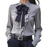 Women Bow Tie Neck Blouse Elegant Loose Button Down Ruffle Trim Shirts Long Sleeve Lapel Collar Dressy Business Tops Gray