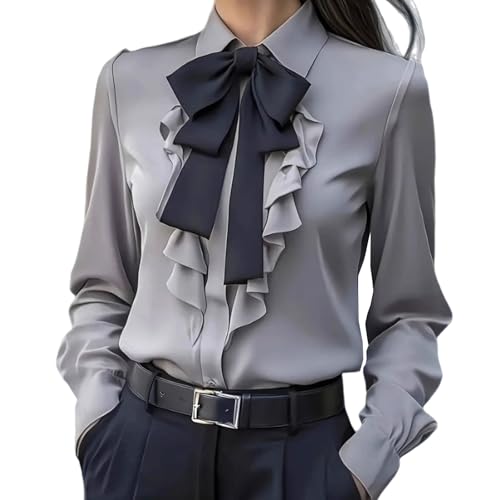 Women Bow Tie Neck Blouse Elegant Loose Button Down Ruffle Trim Shirts Long Sleeve Lapel Collar Dressy Business Tops Gray