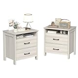 Furnivado Farmhouse Nightstand Set of 2, Rustic Nightstand with 2 Drawers, Wood End Table with Open Shelf, Side Table for Bedroom, Light Gray