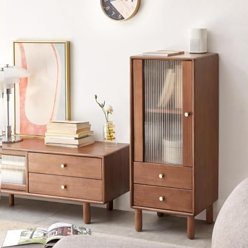 Bamskov Wood Storage Cabinet - Vintage Glass Door, Pine Wood With Shelves, 2 Drawers for Living Room, Kitchen and Hallway (Walnut, 14\"D x 15\"W x 37\"H) - Thumbnail 2