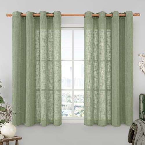 LAMIT Small Linen Curtains 2 Panels Set for Bebroom, 45 inches Long Soft Thick Light Filtering Bronze Grommet Window Textured Neutral Sheer Drapes for Kitchen/Loft Room, 52 x 45 Inch, Sage Green