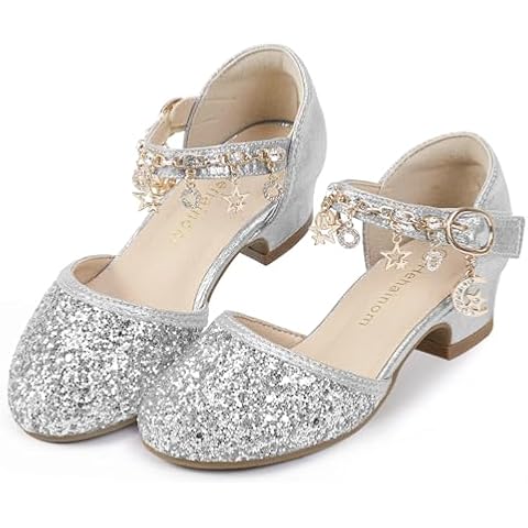 Hehainom Girls Sandals Sequins Princess Dress Shoes Closed Toe Low Heels for Toddler Little Big Kid Flower Wedding Party Pump Shoes(Silver Sequin, 2 Little Kid) Cover