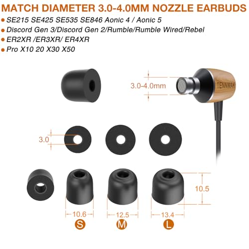 TENNMAK 低反発素材イヤーチップ イヤーチップ 交換用 SE215 SE535 SE846 SE315 SE425 & Elgin Discord Gen 3/Discord Gen 2/Rumble/Rumble Wired & Etymotic ER2XR /ER3XR/ ER4XR & ISOtunes PRO イヤホン イヤーパッド