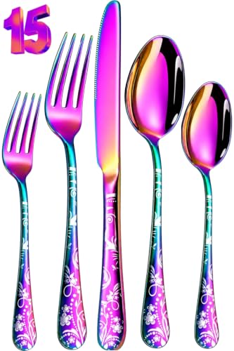 Image of Floral Rainbow 15 Pcs Stainless Steel Cutlery Set for Dining Table, Dishwasher Safe Glossy Flatware (3 Spoon Set+3 Forks Set+3 Butter Knife+3 Dessert Spoon+ 3 FruitFork)