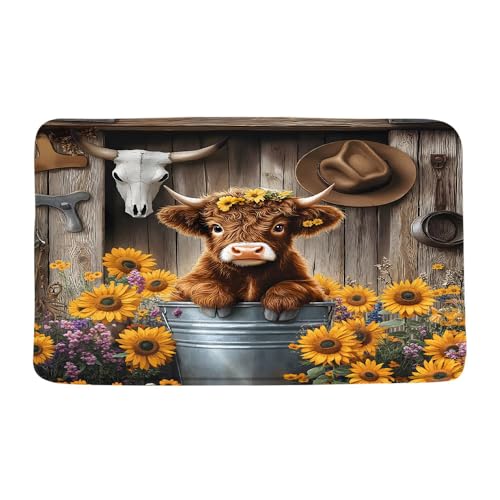 PZMPZM Cute Highland Cow Bath Mat Rustic Cattle Calf Sunflower Western Cowboy Farmhouse Animal Microfiber Memory Foam Bathroom Rug Doormat Kitchen Toilet Floor Rug,17.8x29.5 Inch