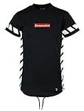 SCREENSHOTBRAND-S11707R Mens Hipster Hip-Hop Premium Tees - Stylish Longline Center Logo Latest Fashion T-Shirt Side Stripe Print-Black-2XLarge